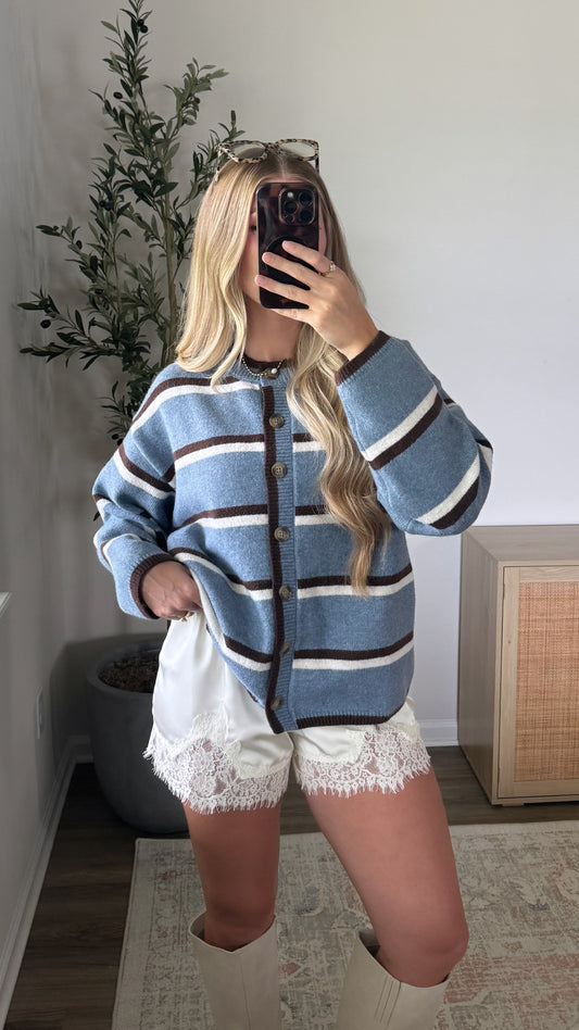 PREORDER (Estimated to ship 8/26) - Harvest Striped Cardigan / Blue + Brown