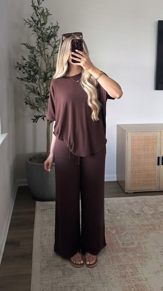PREORDER (estimated to ship 5/22) - Rayon Ribbed Pants Set / Dark Brown