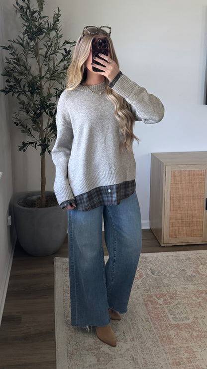 Flannel Layered Sweater / Heather Taupe