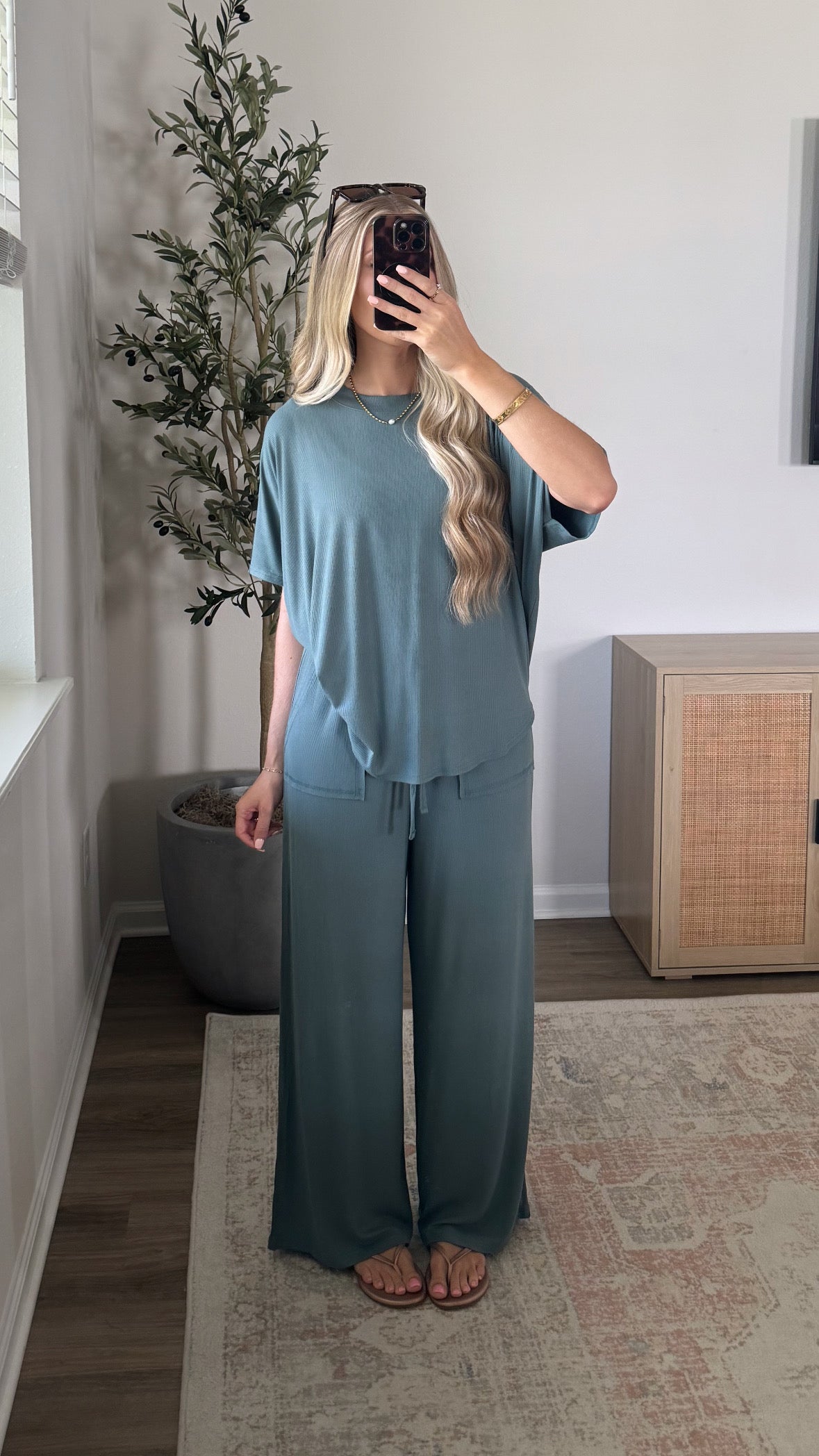 Rayon Ribbed Pants Set / Jade