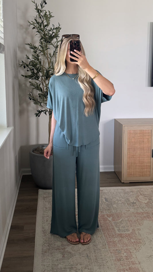 Rayon Ribbed Pants Set / Jade