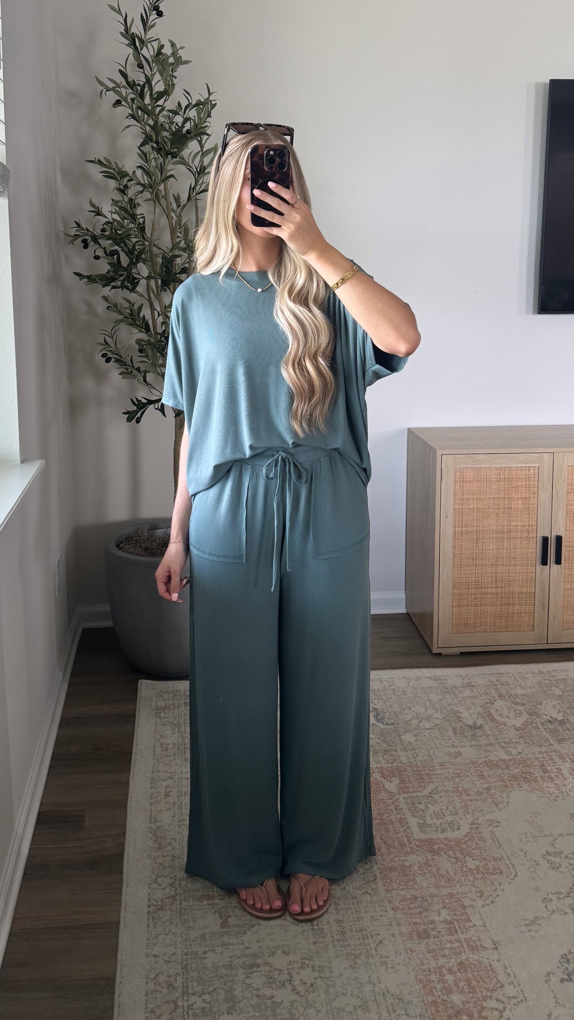 Rayon Ribbed Pants Set / Jade