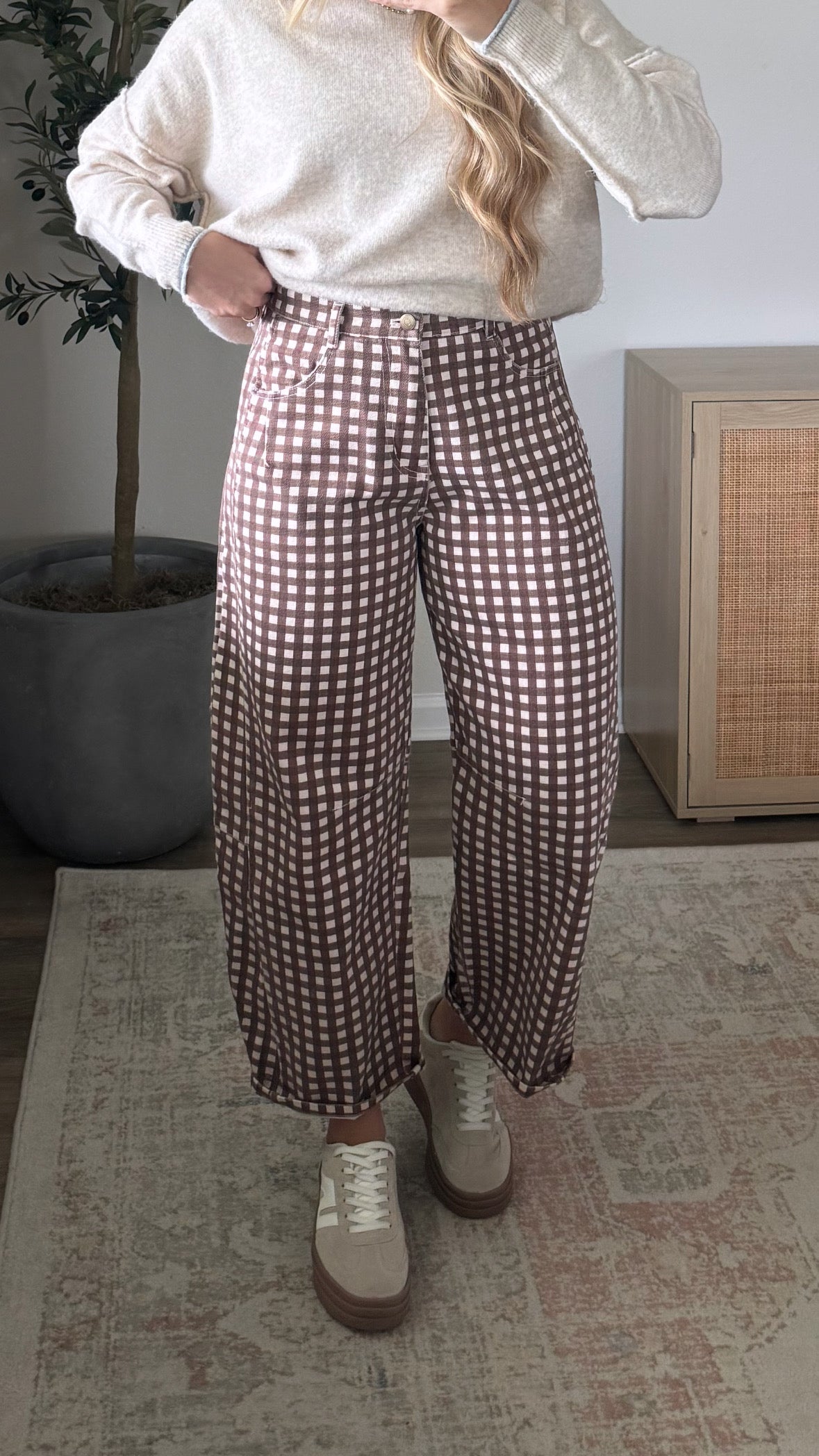 Gingham Barrel Jeans / Brown