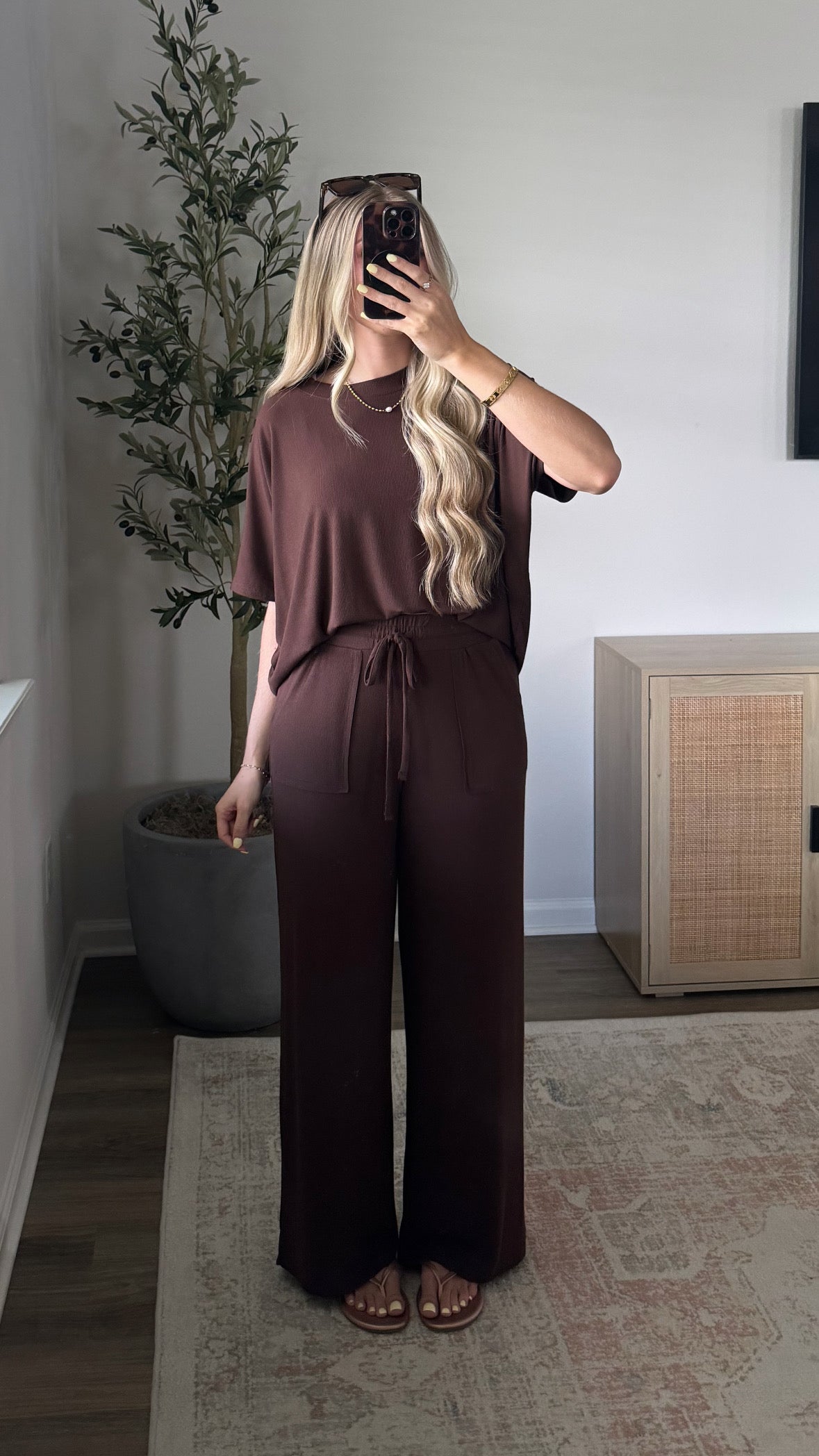 PREORDER (estimated to ship 5/22) - Rayon Ribbed Pants Set / Dark Brown