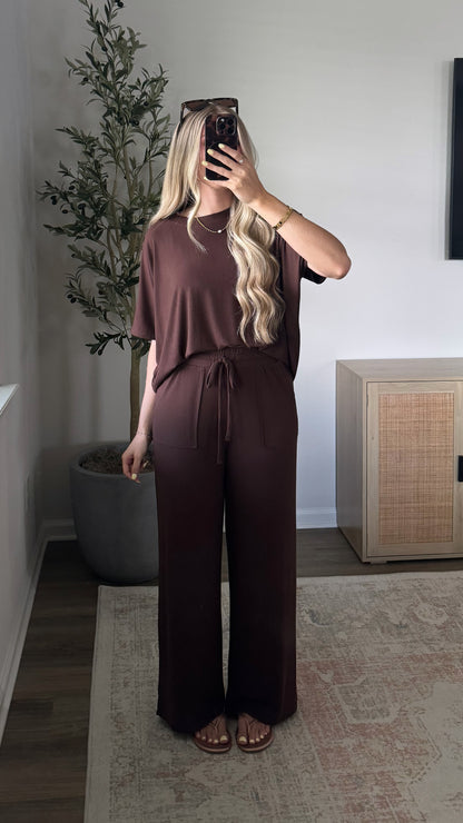 PREORDER (estimated to ship 5/22) - Rayon Ribbed Pants Set / Dark Brown
