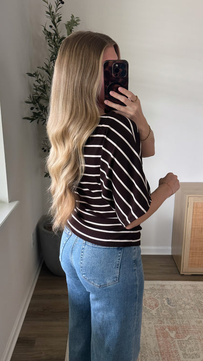 Callie Cinched Striped Top / Dark Brown
