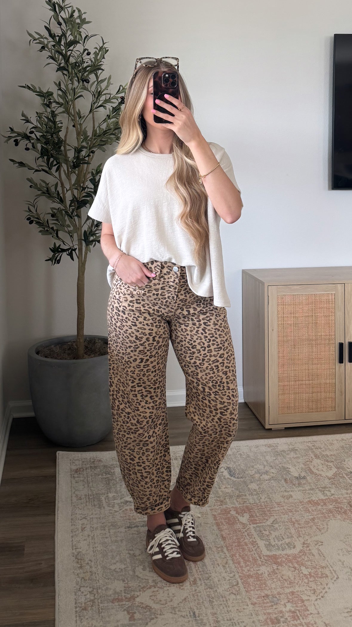 Leopard Barrel Jeans / Tan + Brown