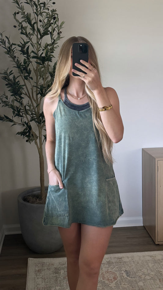 Mineral Wash Romper Dress / Jade