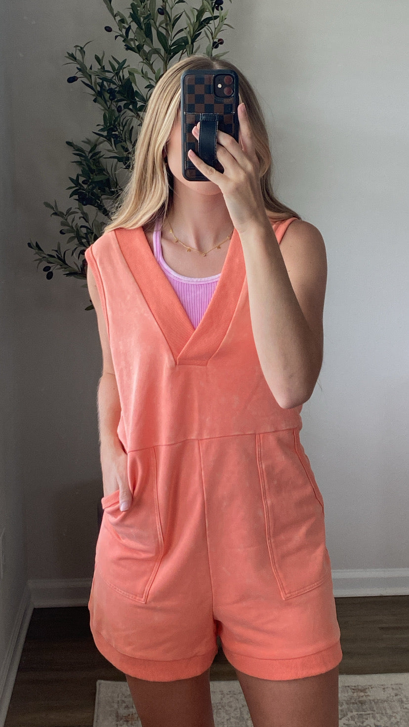 Mineral Washed Romper / Orange