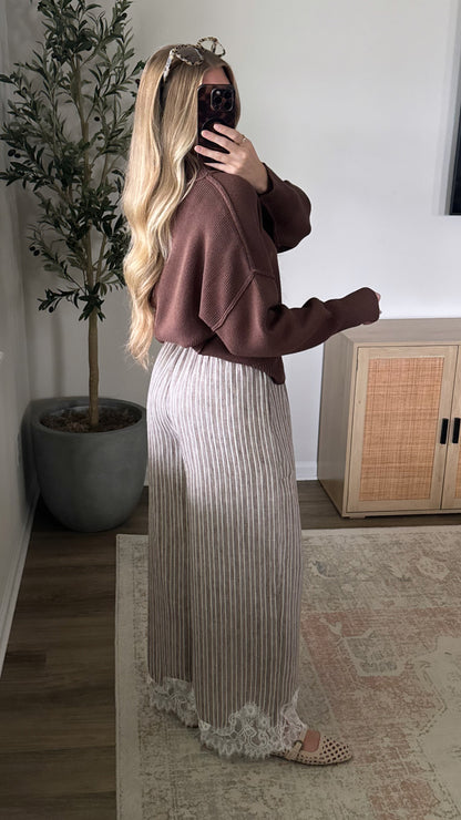 Striped Lace Trim Pants / Mocha