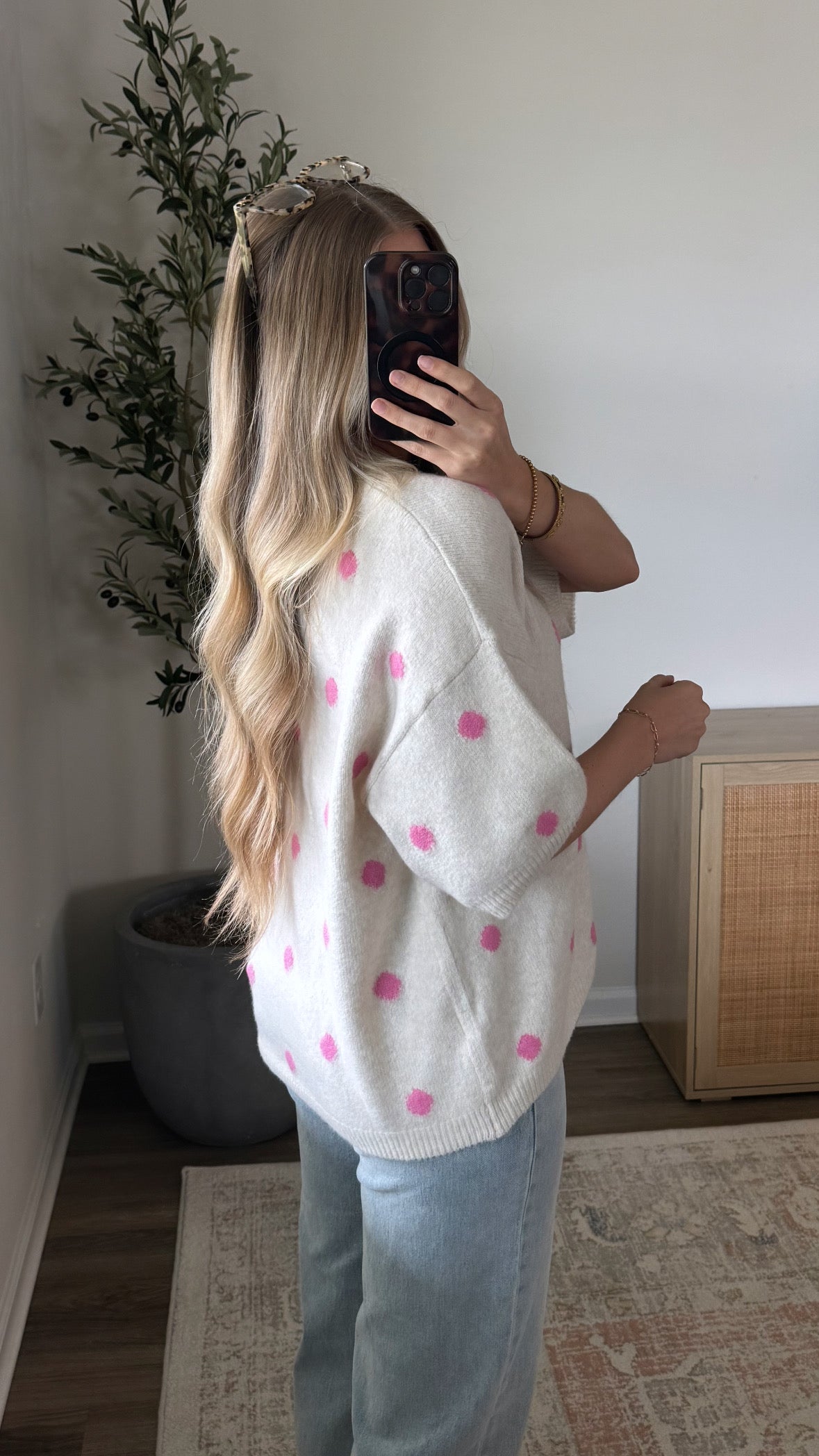 Short Sleeve Cardigan / Pink Polka Dots