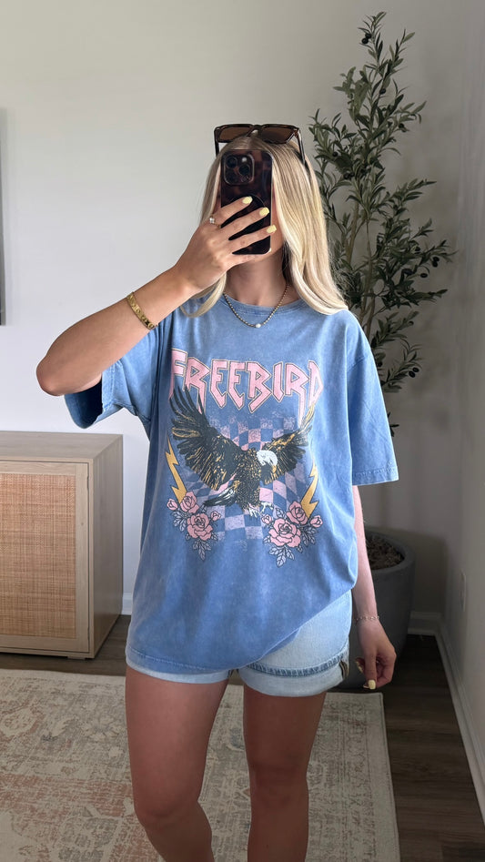 Checkered Free Bird Graphic Tee / Blue
