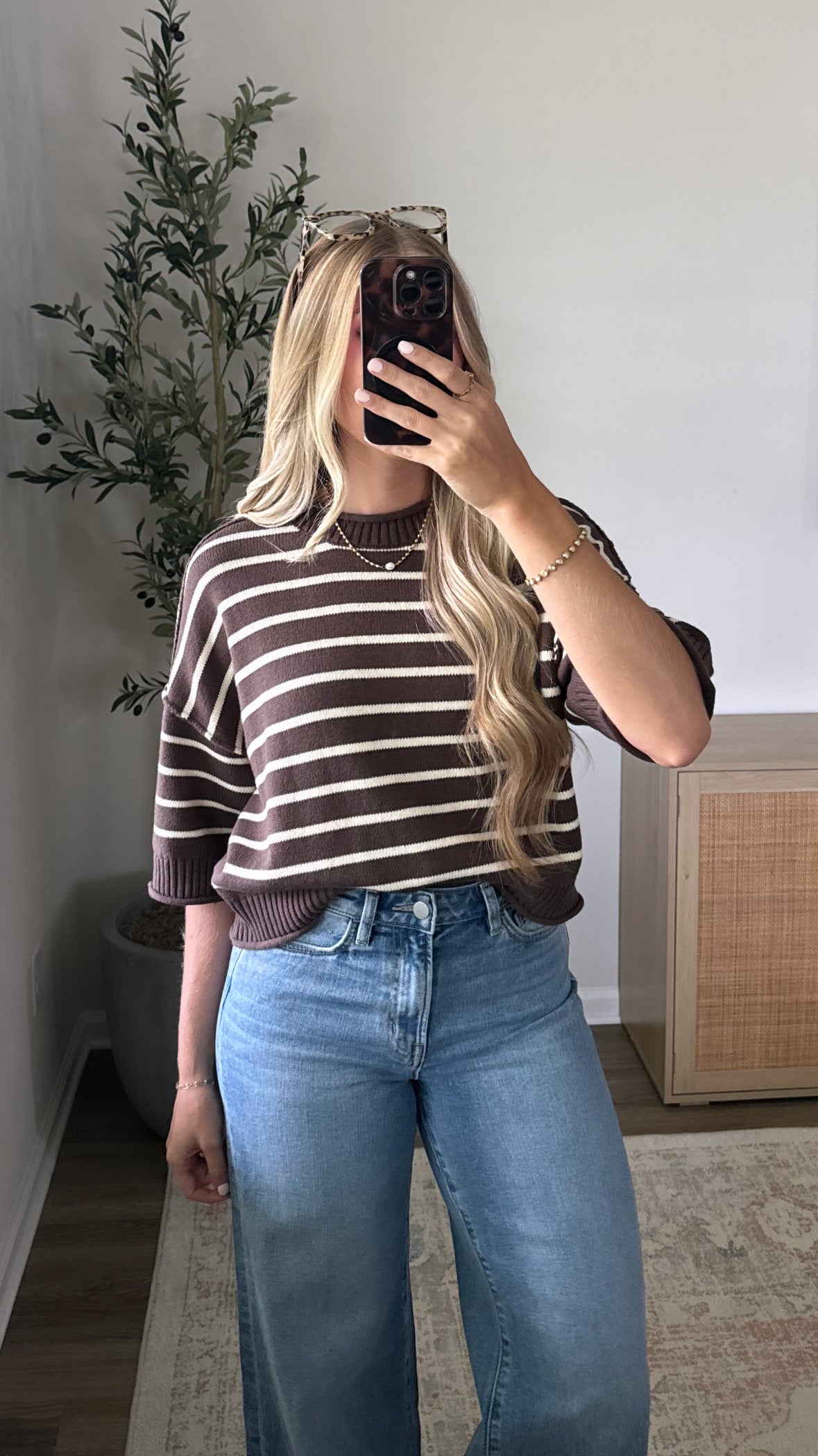 Striped Autumn Short Sleeve Knit / Brown + Cream