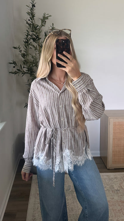 Striped Lace Trim Blouse / Mocha