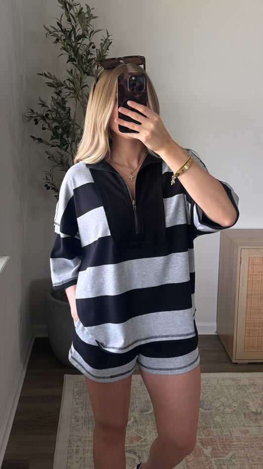 Retro Striped Shorts Set / Black + Grey