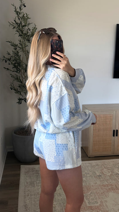 Patchwork Mock Neck Set / Blue