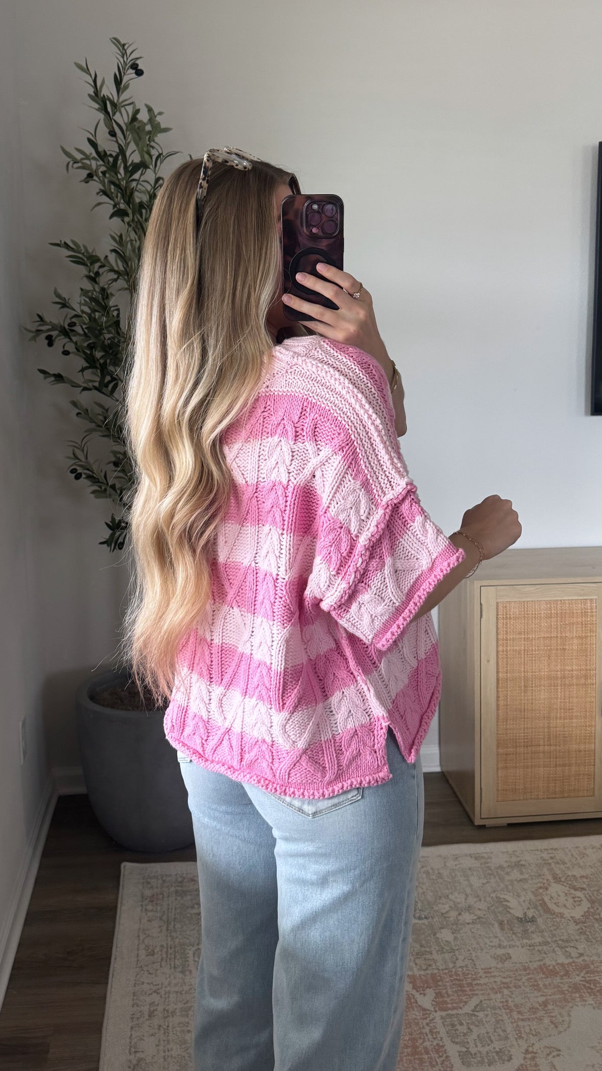 Short Sleeve Cable Knit Sweater / Pink Stripes