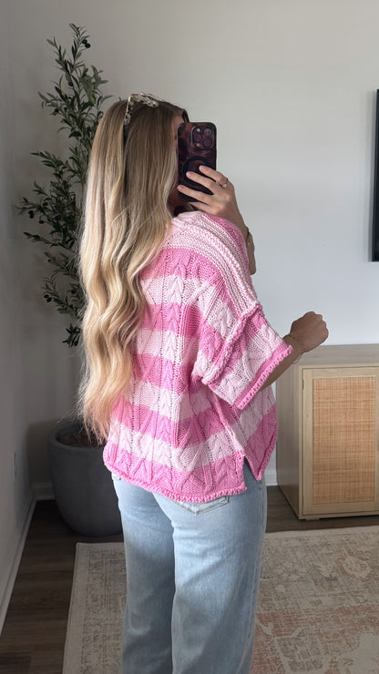 Short Sleeve Cable Knit Sweater / Pink Stripes