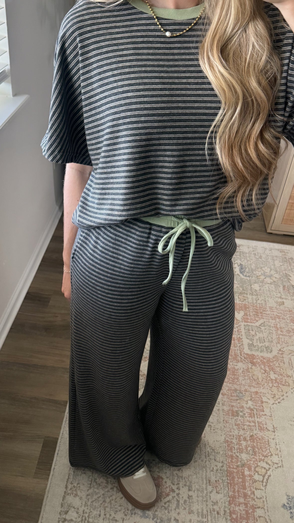 Tessa Striped Pants Set / Charcoal + Olive