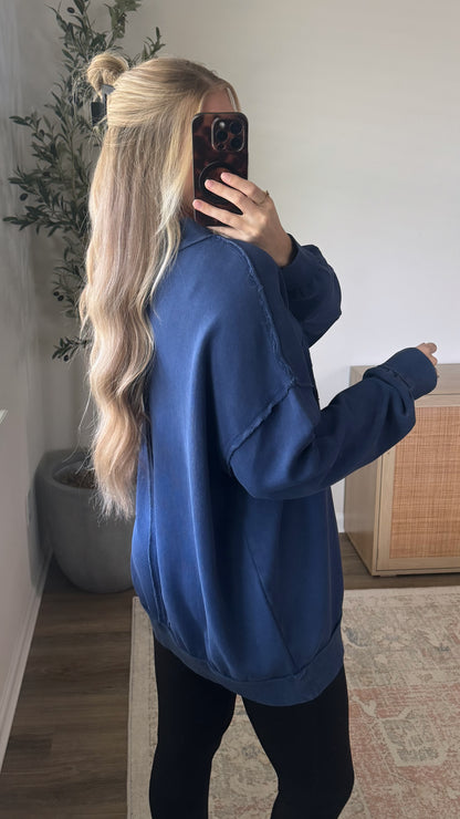 Touch Down Embroidered Mock Neck / Navy Blue