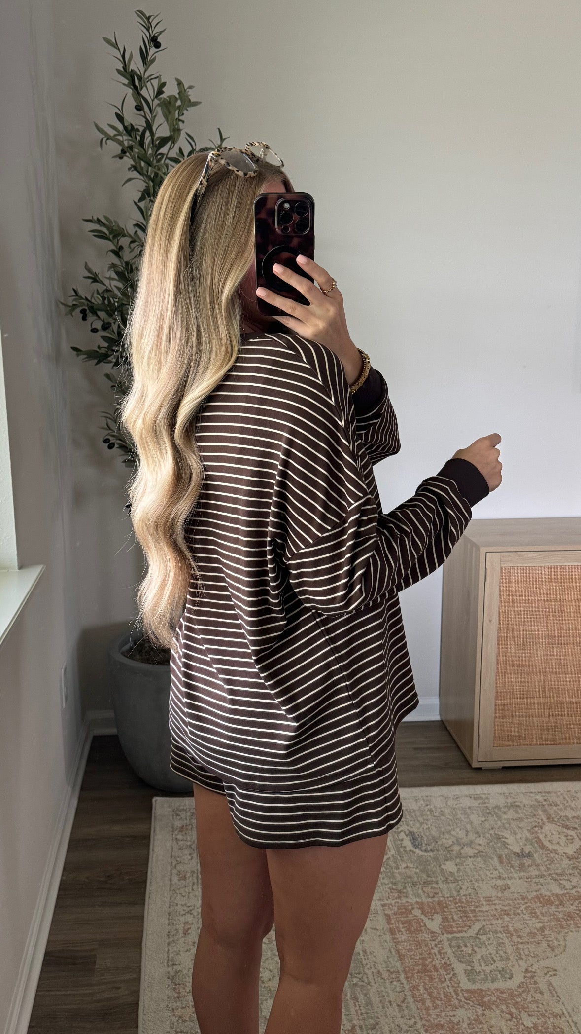 Striped Henley Shorts Set / Espresso