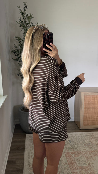 Striped Henley Shorts Set / Espresso
