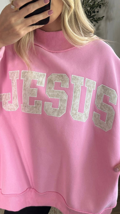Jesus Embroidered Mock Neck Sweatshirt / Pink