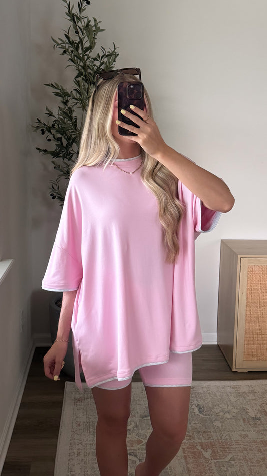 Contrast Biker Shorts Set / Pink + Grey