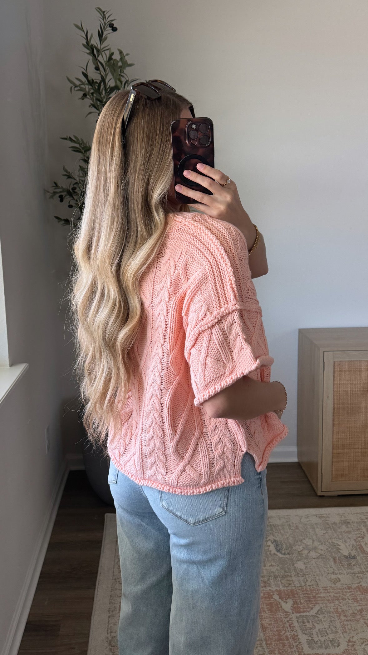 Short Sleeve Cable Knit Sweater / Light Coral