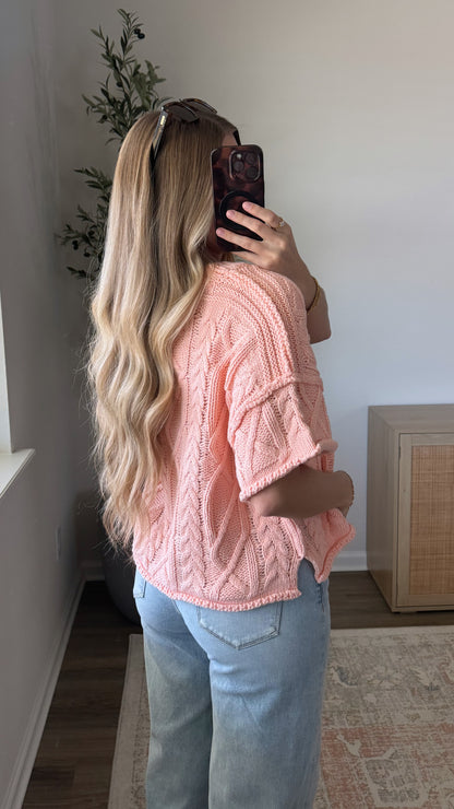 Short Sleeve Cable Knit Sweater / Light Coral