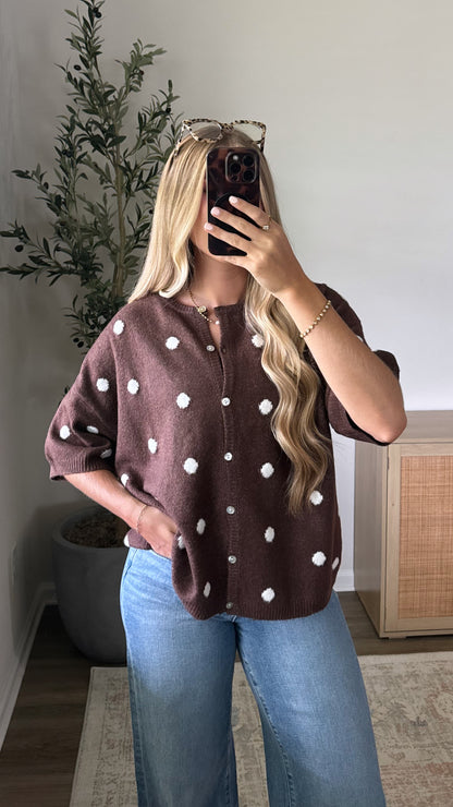 PREORDER (Estimated to ship 8/30) - Polka Dot Short Sleeve Cardigan / Brown