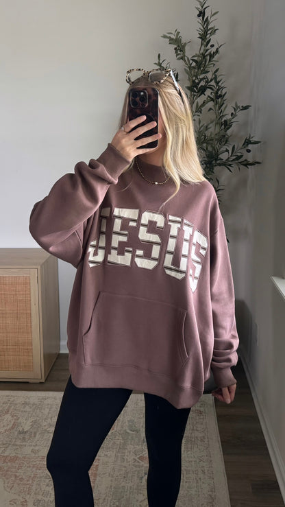Jesus Hoodie Pocket Mock Neck Sweatshirt / Brown Stripes