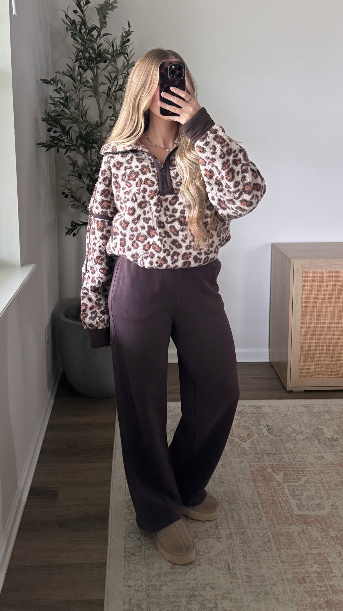 Leopard Sherpa Quarter Zip / Brown