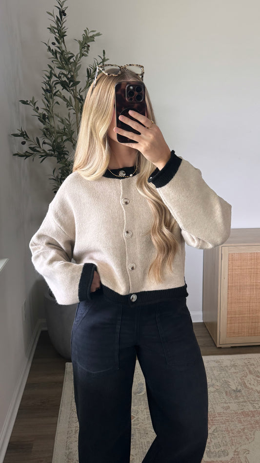 Contrast Cardigan / Tan + Black