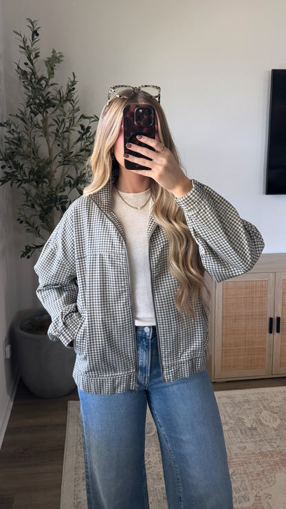 Gingham Bomber Jacket / Charcoal + Tan