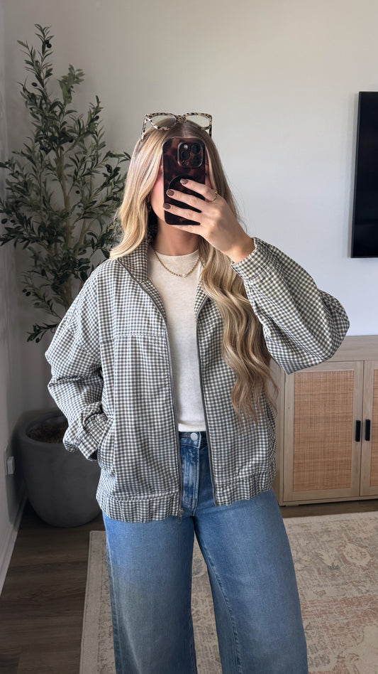 Gingham Bomber Jacket / Charcoal + Tan
