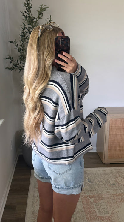 Bella Striped Cardigan / Grey + Navy