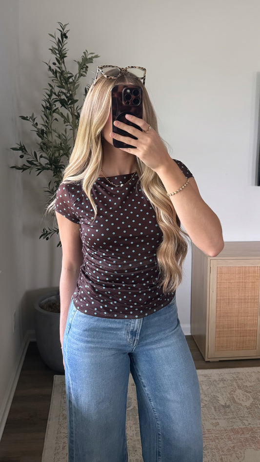 Polka Dot Mesh Top / Brown + Blue