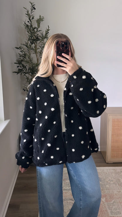 Polka Dot Sherpa Jacket / Black + Cream