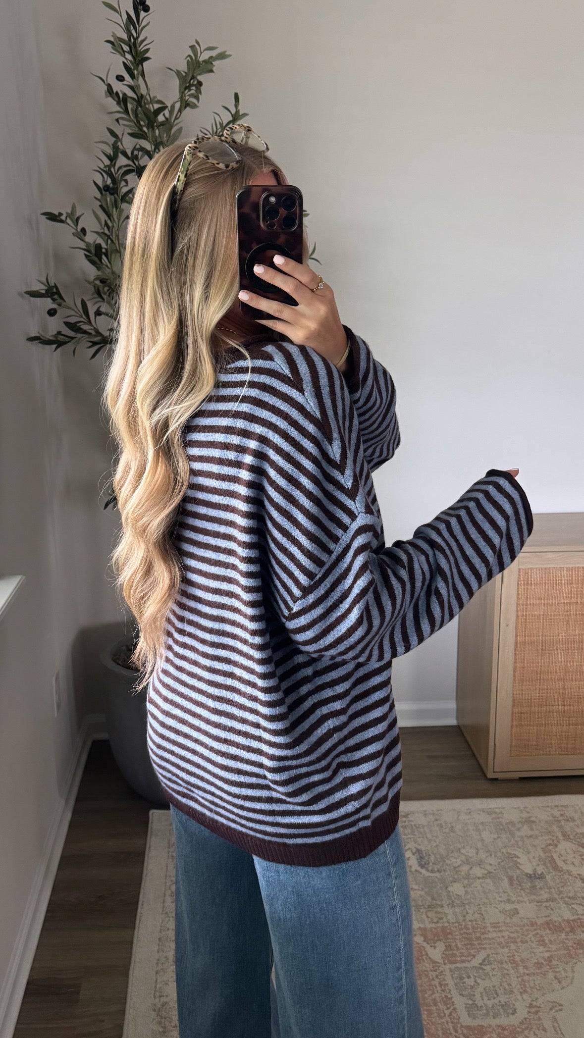 PREORDER (estimated to ship 8/14) - Chelsey Striped Henley Sweater / Brown + Blue