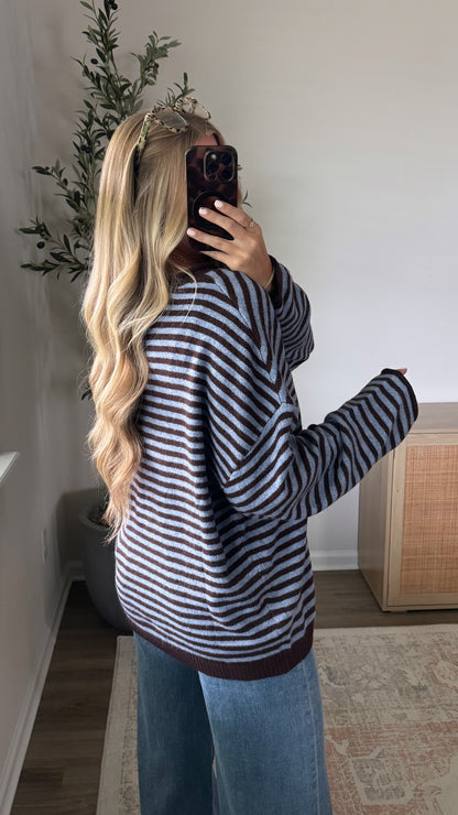 PREORDER (estimated to ship 8/14) - Chelsey Striped Henley Sweater / Brown + Blue