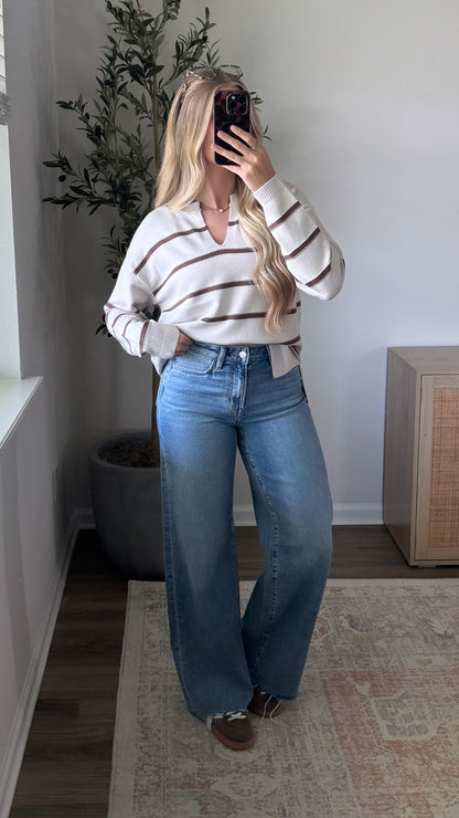 PREORDER (Estimated to shop 8/28) - Julia Striped Sweater / Cream + Brown