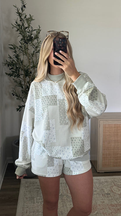 Patchwork Mock Neck Set / Sage Green