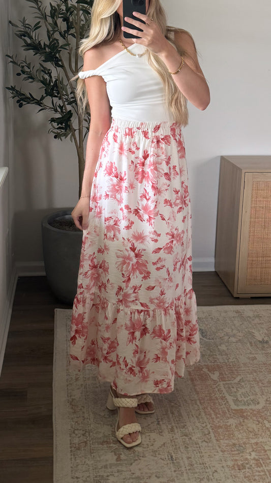 Tiered Floral Midi Skirt / Rose