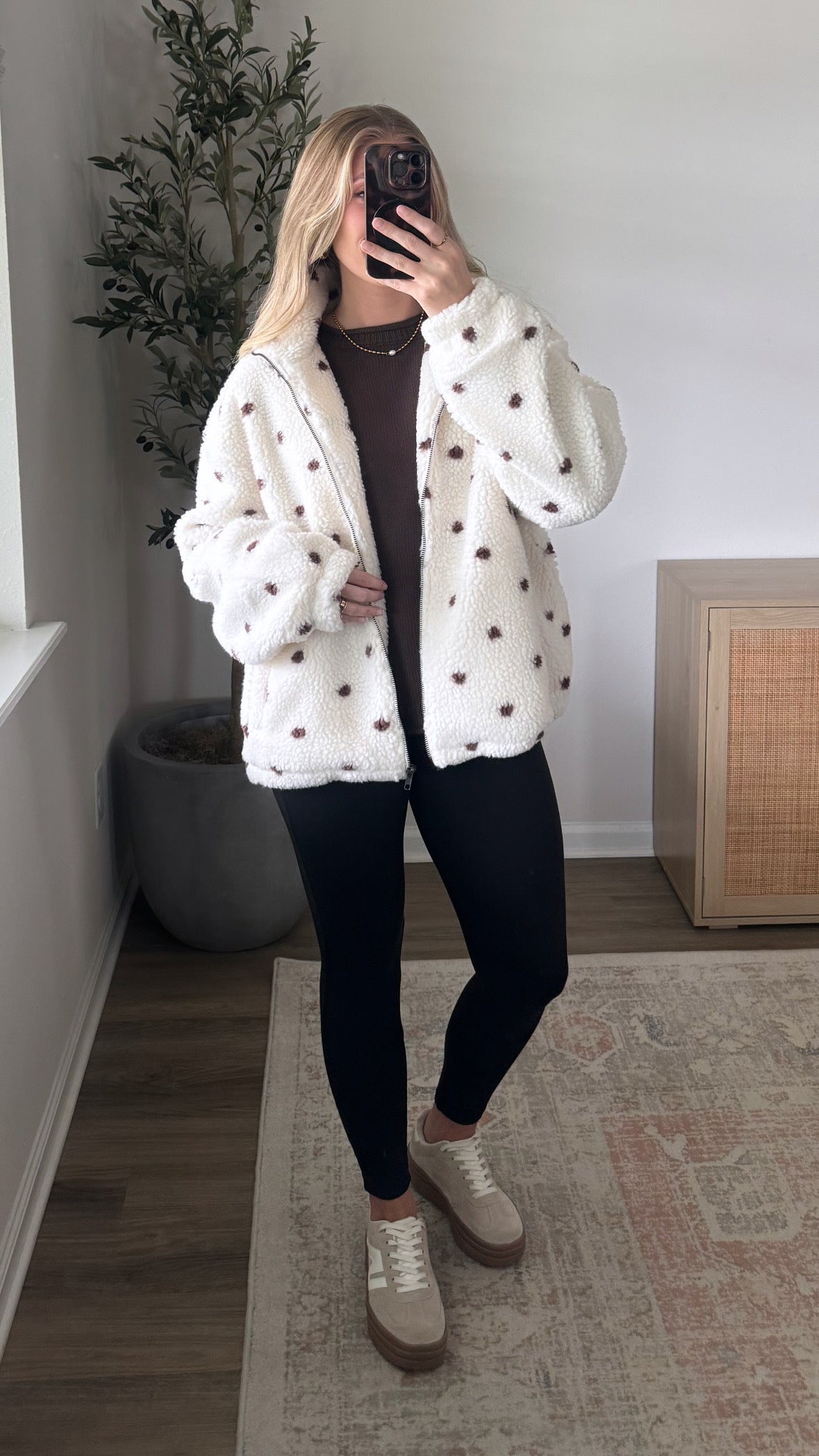 Polka Dot Sherpa Jacket / Cream + Brown