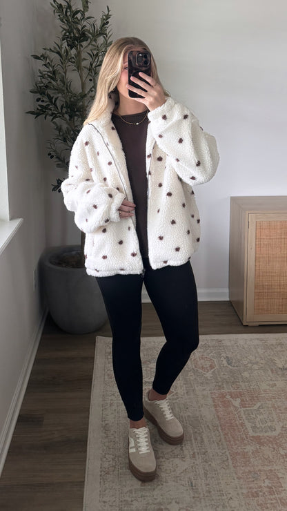 Polka Dot Sherpa Jacket / Cream + Brown