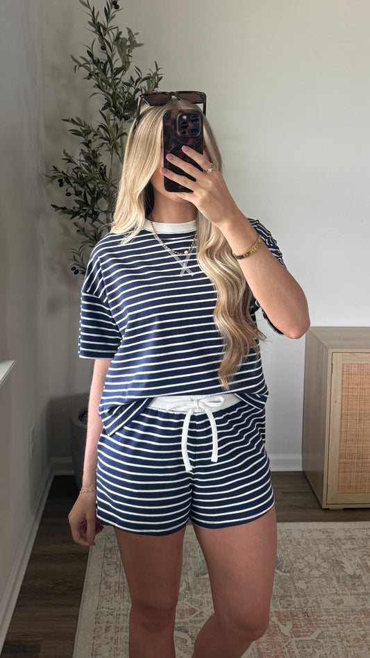 Lainey Striped Shorts Set / Navy Blue
