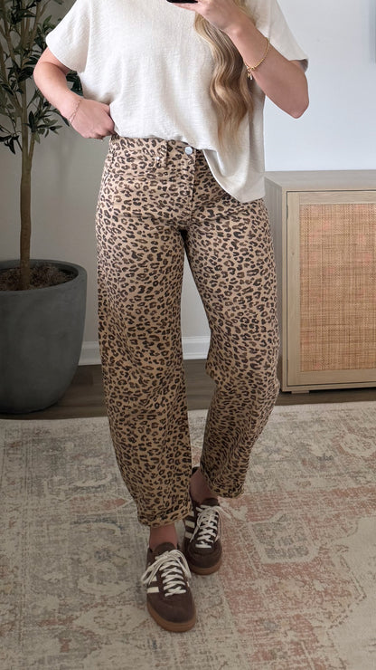 Leopard Barrel Jeans / Tan + Brown