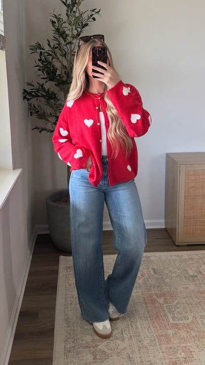 Button Down Heart Cardigan / Red