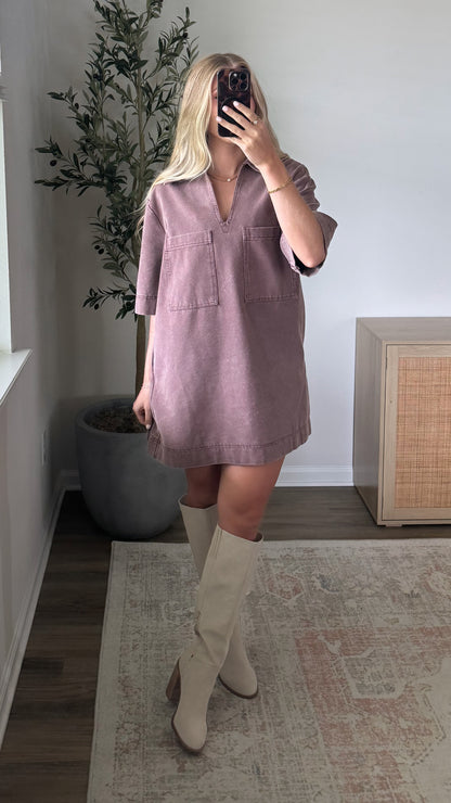 Denim Collared Mini Dress / Washed Brown